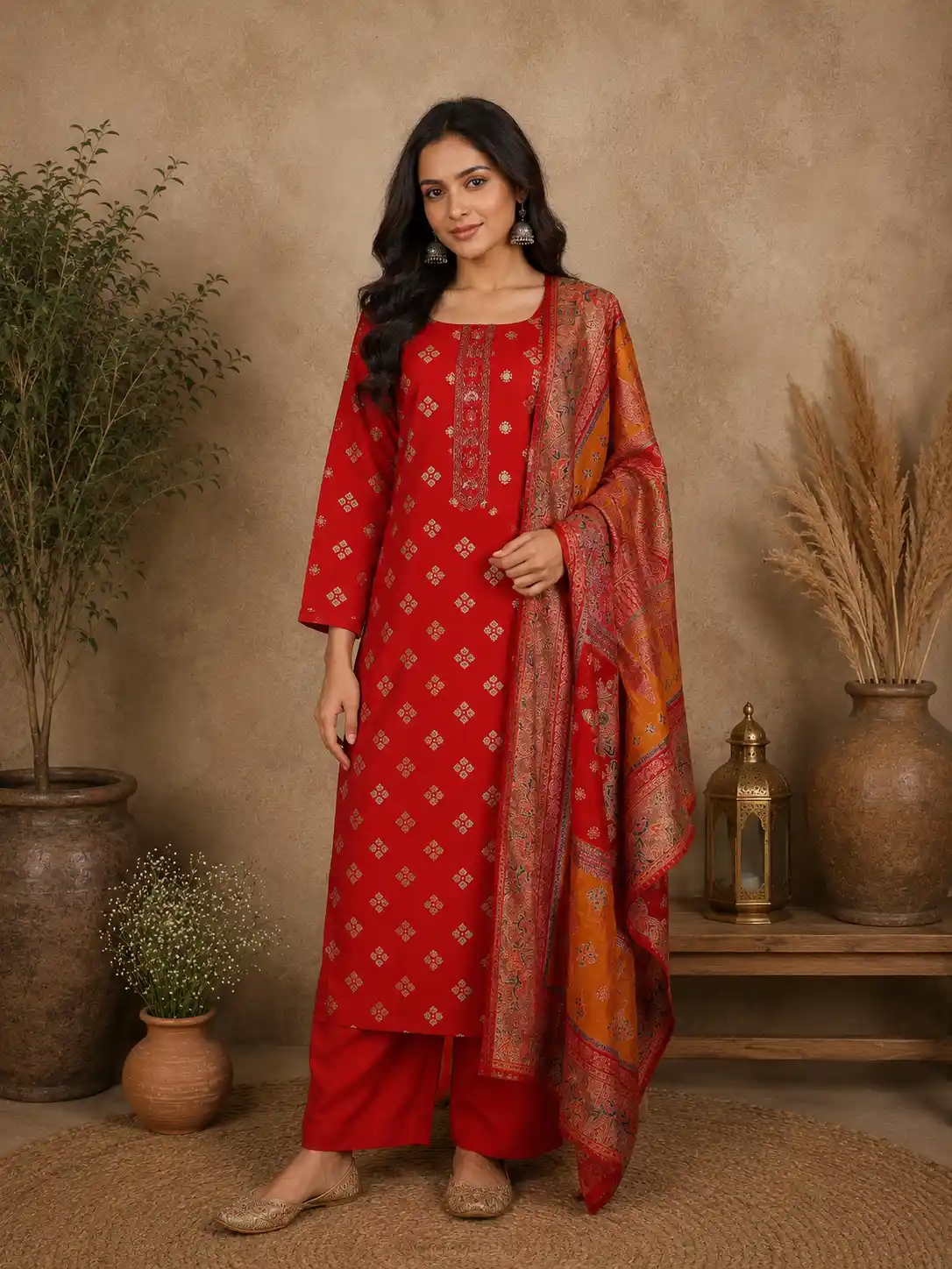 Red Floral Printed Cotton Salwar Suit with Dupatta